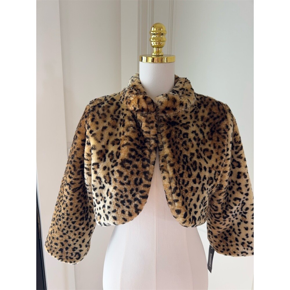 Juniors Leopard Print Faux Fur Cropped Jacket Brown Open Front MEDIUM Boutique